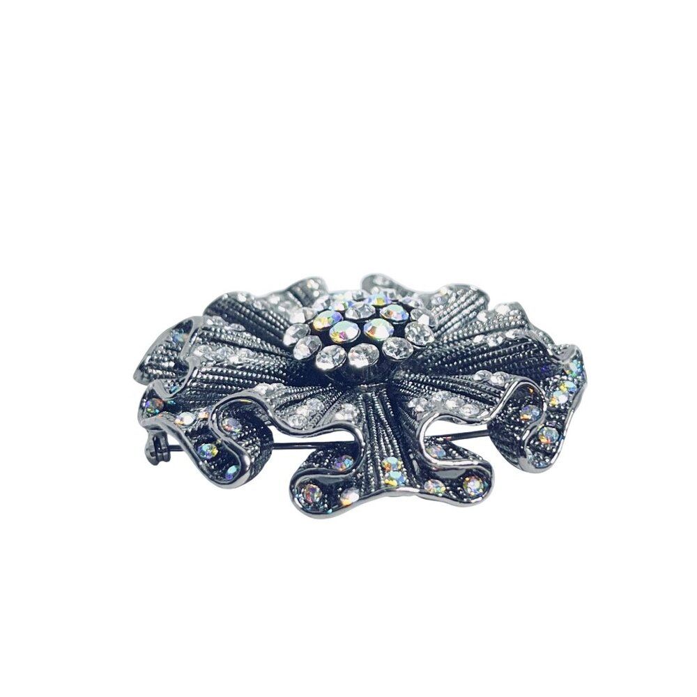 Carol Dauplaise Black Tone AB And Clear Rhinestone Flower Brooch (6204) - Picture 4 of 4